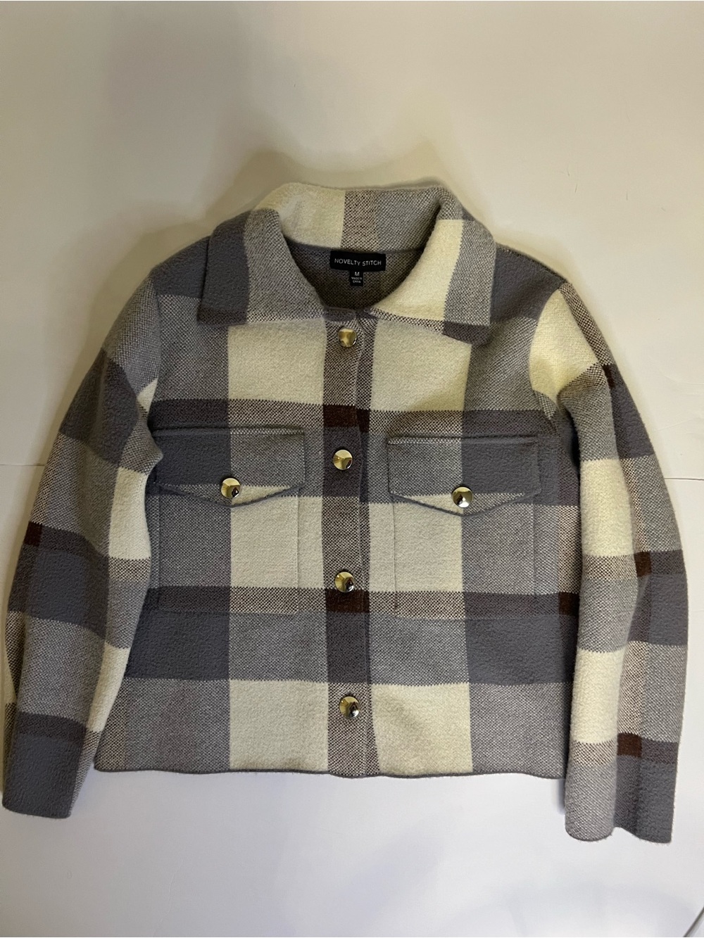 Novelty Stitch Plaid Shacket Jacket Gray Cream Size M- NWOT